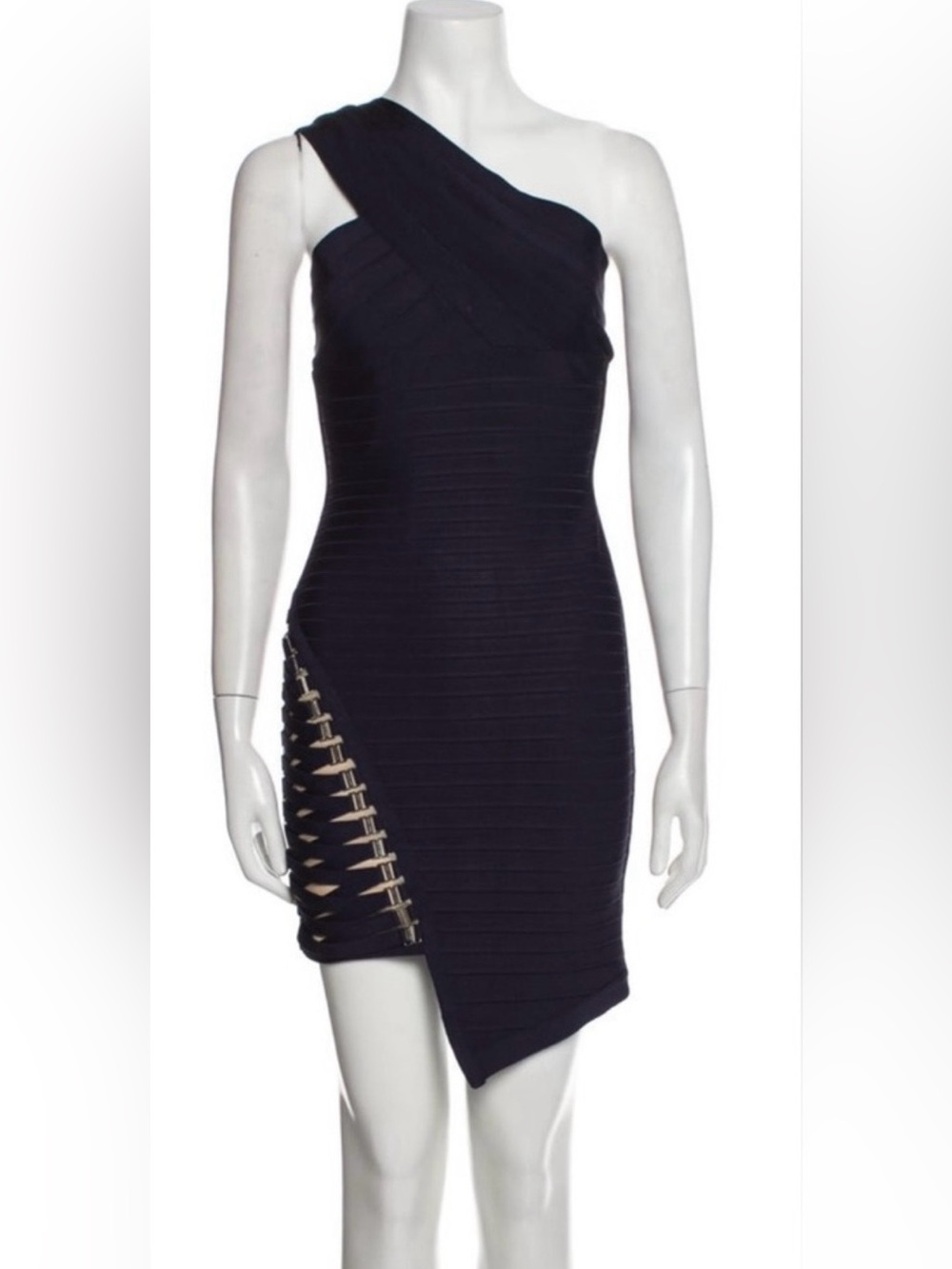 Herve Leger Blue One-Shoulder Asymmetrical Bandage Dress with Side Lattice